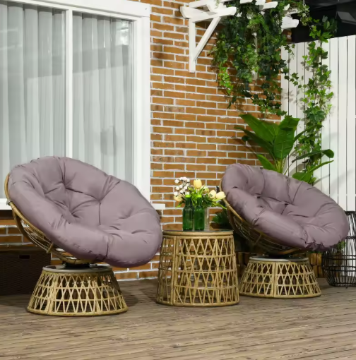 3-delige Rotan Balkonset – Roze Stoelen met Kussens & Glazen Tafel