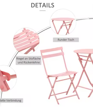Tuin Bistroset 3-delig – Opvouwbare Roze Tafel & Stoelen