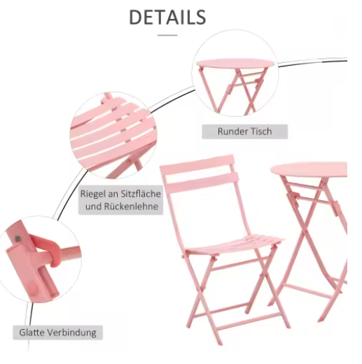 Tuin Bistroset 3-delig – Opvouwbare Roze Tafel & Stoelen