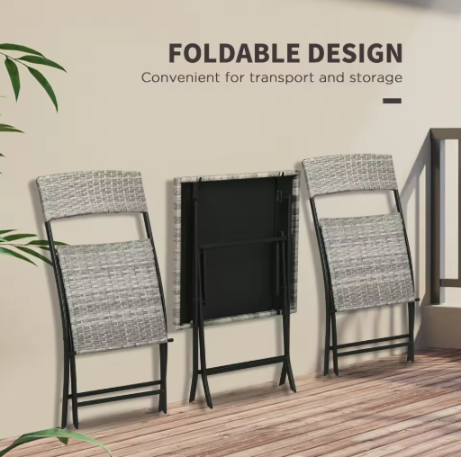 3-delige Polyrattan Balkonset – Klapstoelen & Tafel Donkergrijs