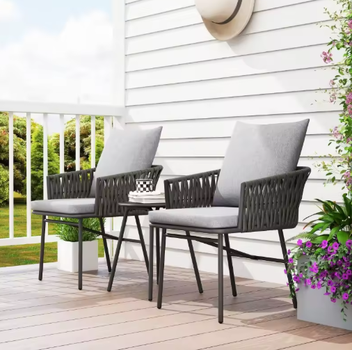 3-delige Rotan Bistroset – Tuinstoelen & Tafel met Kussens