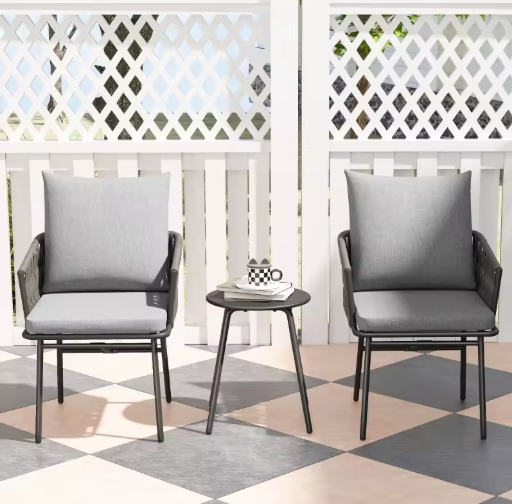 3-delige Rotan Bistroset – Tuinstoelen & Tafel met Kussens