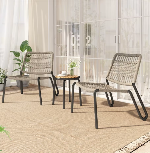 3-delige Bistroset – Stalen Frame, Gevlochten Touw & Acaciahout