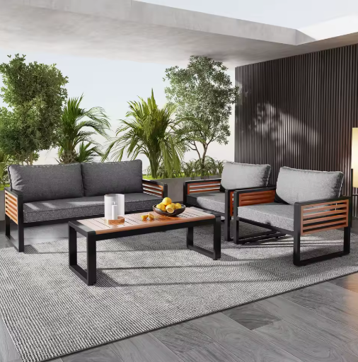4-delige Tuinloungeset met Acaciahout – Ijzeren Frame & Kussens