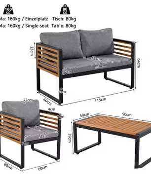 4-delige Tuinloungeset met Acaciahout – Ijzeren Frame & Kussens