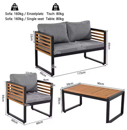 4-delige Tuinloungeset met Acaciahout – Ijzeren Frame & Kussens
