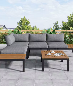 5-persoons Tuinlounge Set – Polyrattan Bank & Tafel met Houtlook