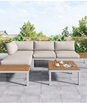 5-persoons Tuinlounge Set – Polyrattan Bank & Tafel met Houtlook