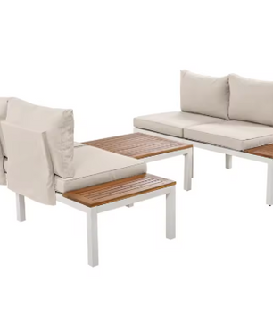5-persoons Tuinlounge Set – Polyrattan Bank & Tafel met Houtlook