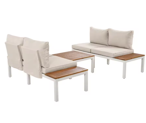 5-persoons Tuinlounge Set – Polyrattan Bank & Tafel met Houtlook