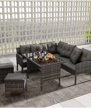 7-delige Loungeset met Eettafel – Rotan, Kussens & Glazen Tafelblad