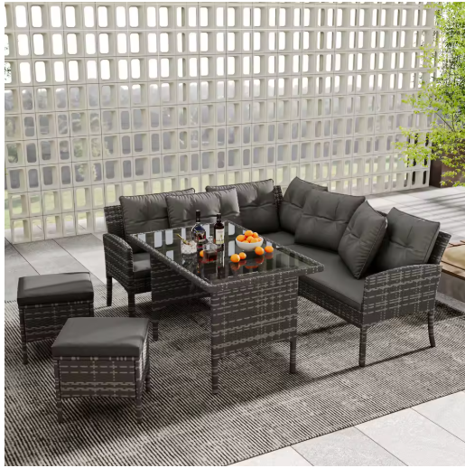 7-delige Loungeset met Eettafel – Rotan, Kussens & Glazen Tafelblad