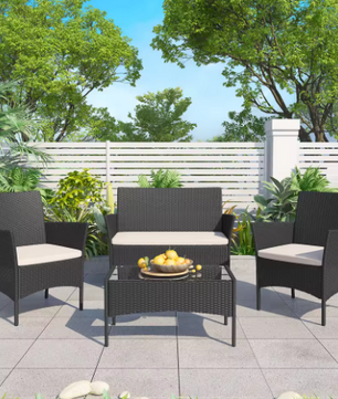 4-delige Rotan Loungeset voor Tuin & Terras – Inclusief Tafel & Kussens, Weerbestendig en Compact