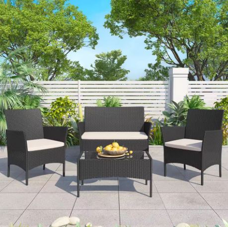 4-delige Rotan Loungeset voor Tuin & Terras – Inclusief Tafel & Kussens, Weerbestendig en Compact