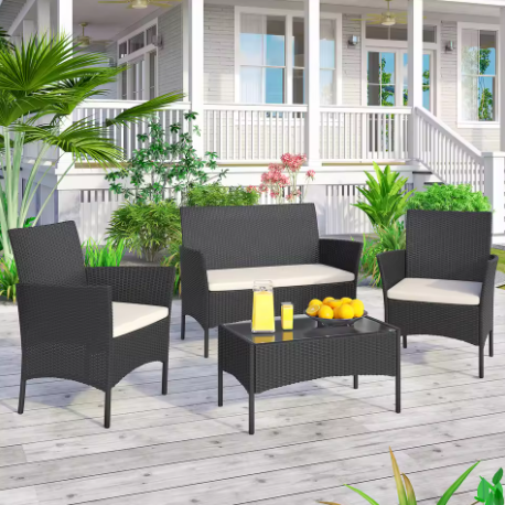 4-delige Rotan Loungeset voor Tuin & Terras – Inclusief Tafel & Kussens, Weerbestendig en Compact