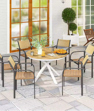 Ronde Tuintafel Ø118 cm – Aluminium & Teaklook, Voor Buiten