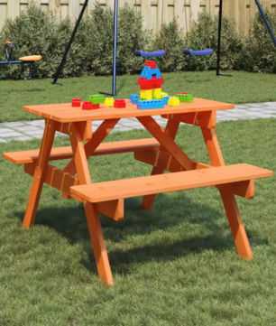 Kinderpicknicktafel met 4 Banken – Massief Dennenhout & Parasolgat, 2-in-1 Tafelset