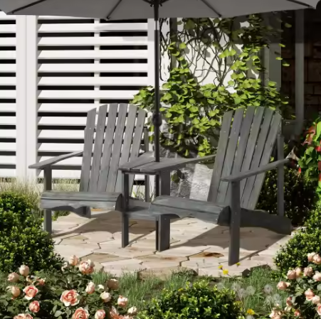 Adirondack Dubbelstoel met Tafel – Massief Hout & Parasolgat, 2-Zits voor Balkon of Tuin