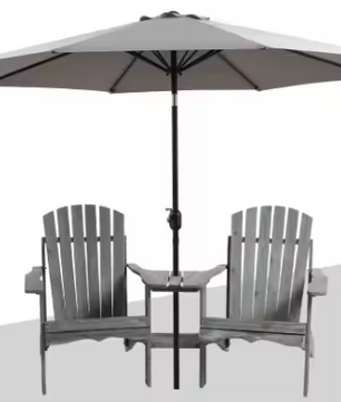 Adirondack Dubbelstoel met Tafel – Massief Hout & Parasolgat, 2-Zits voor Balkon of Tuin