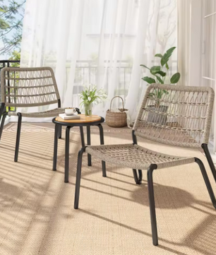 Balkonset met Handgevlochten Touw – Massief Houten Tafelblad & Ergonomische Stoelen, Weerbestendig