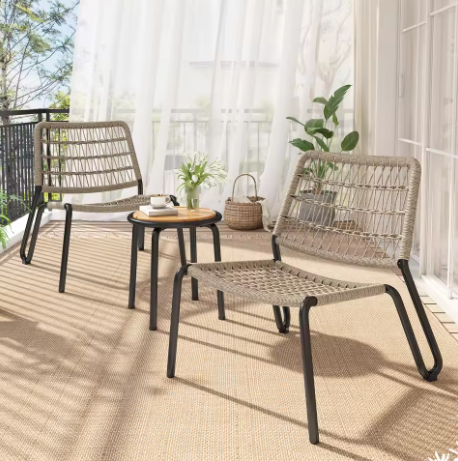 Balkonset met Handgevlochten Touw – Massief Houten Tafelblad & Ergonomische Stoelen, Weerbestendig