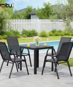 Set van 4 Stapelbare Tuinstoelen – Metalen Frame & Ademende Stof, Donkergrijs
