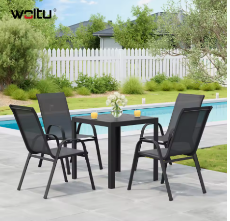 Set van 4 Stapelbare Tuinstoelen – Metalen Frame & Ademende Stof, Donkergrijs