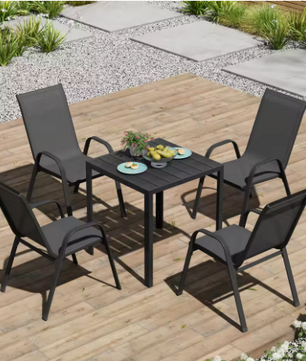 Set van 4 Stapelbare Tuinstoelen – Metalen Frame & Ademende Stof, Donkergrijs