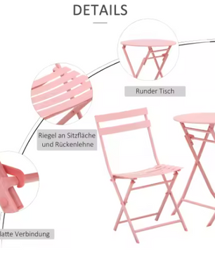 3-delige Bistroset Roze – Opvouwbare Tafel & 2 Stoelen voor Balkon of Tuin