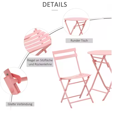 3-delige Bistroset Roze – Opvouwbare Tafel & 2 Stoelen voor Balkon of Tuin