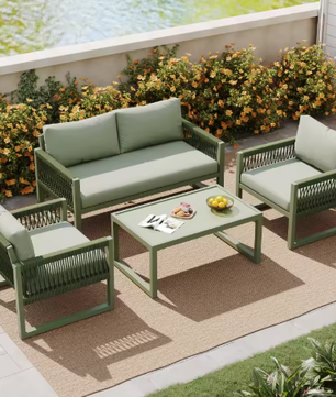 4-delige Tuinloungeset – Touwdesign & Glazen Tafel, Inclusief Kussens