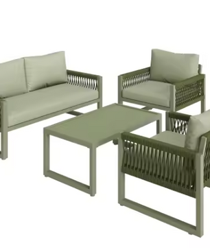 4-delige Tuinloungeset – Touwdesign & Glazen Tafel, Inclusief Kussens