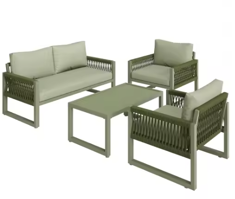 4-delige Tuinloungeset – Touwdesign & Glazen Tafel, Inclusief Kussens