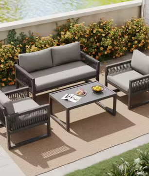 4-delige Tuinloungeset – Touwdesign & Glazen Tafel, Inclusief Kussens