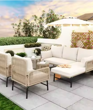 6-delige Tuinloungeset – Gevlochten Touw & IJzeren Frame, Inclusief Kussens