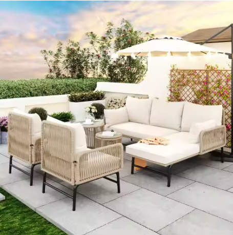 6-delige Tuinloungeset – Gevlochten Touw & IJzeren Frame, Inclusief Kussens