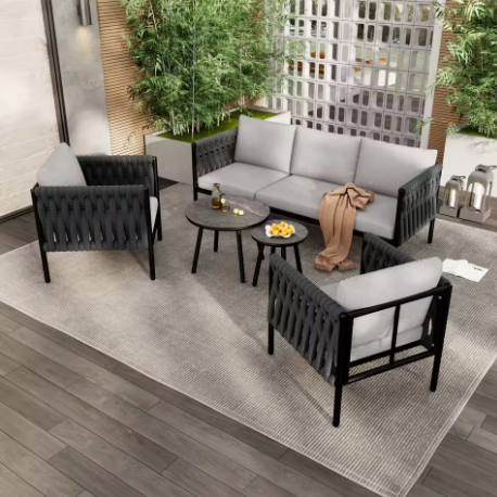 Tuinloungeset 5-delig – Bank, Fauteuils & Tafels met Kussens