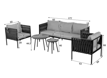 Tuinloungeset 5-delig – Bank, Fauteuils & Tafels met Kussens