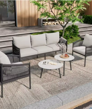 5-delige Tuinloungeset – 3-zitsbank, 2 Fauteuils & 2 Tafels, Gevlochten Touw & Glazen Blad