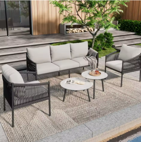 5-delige Tuinloungeset – 3-zitsbank, 2 Fauteuils & 2 Tafels, Gevlochten Touw & Glazen Blad
