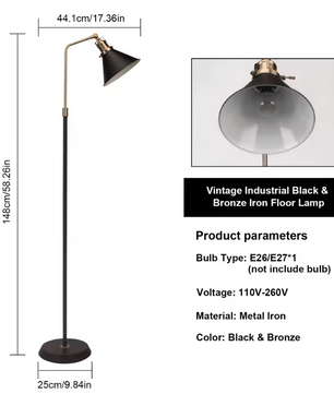 Industriële Vloerlamp – Zwart & Goud Vintage Staande Lamp met Draaibare Kop