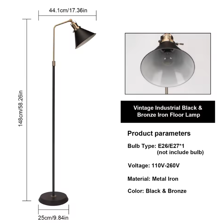 Industriële Vloerlamp – Zwart & Goud Vintage Staande Lamp met Draaibare Kop