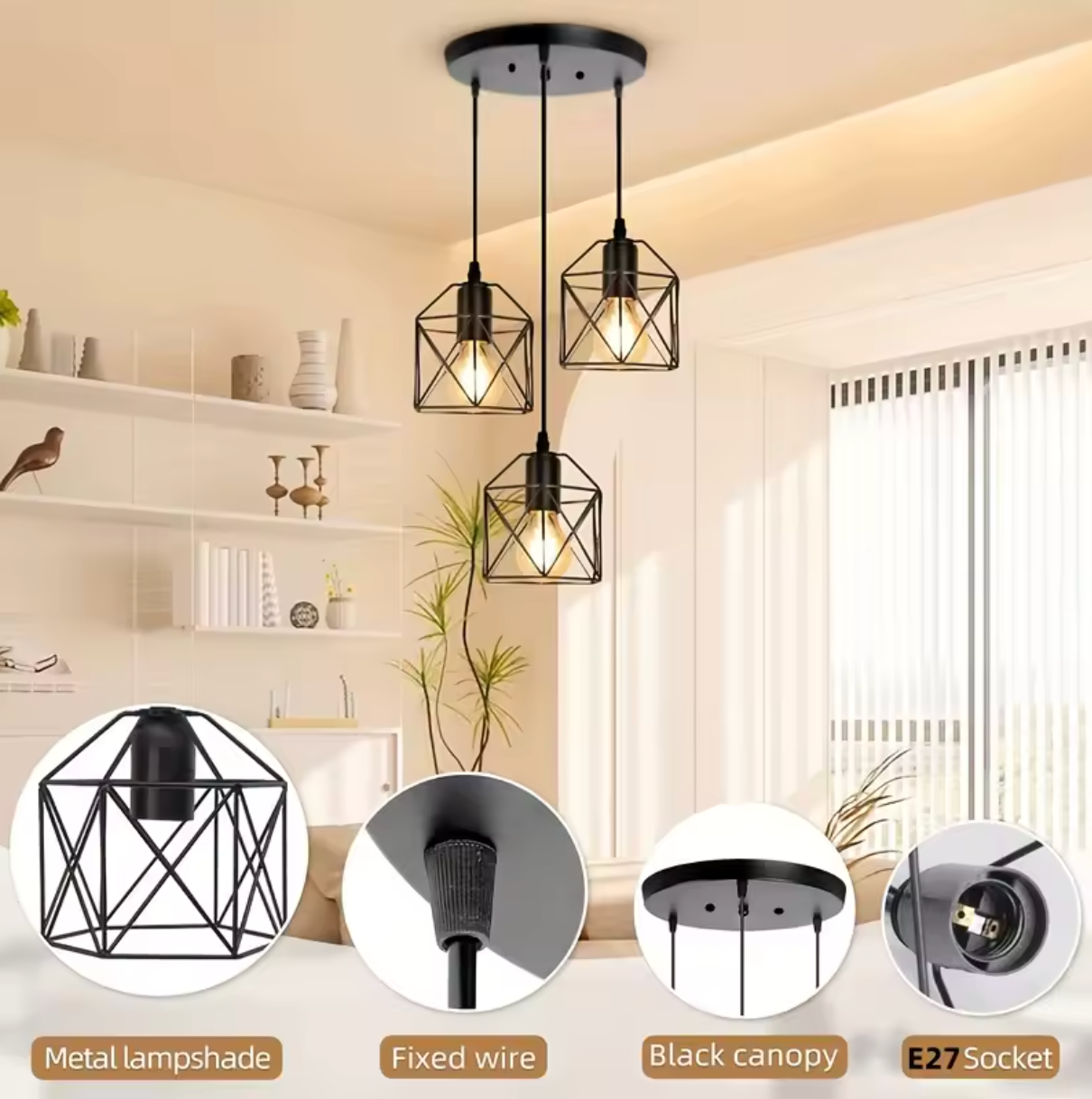 Vintage 3-Lichts Hanglamp – Industriële Plafondlamp met Metalen Kap