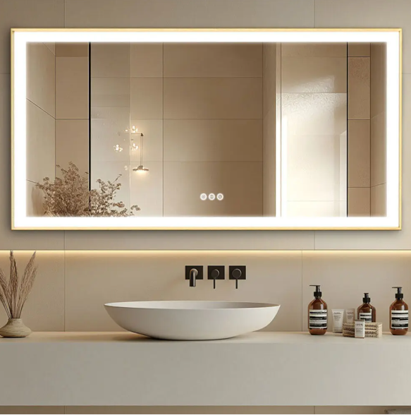 Grote Rechthoekige LED Badkamerspiegel – Goud Frame, Dimbaar & Anticondens