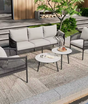 5-delige Tuinloungeset – 3-zitsbank, 2 Fauteuils & 2 Tafels, Gevlochten Touw & Glazen Blad