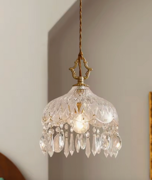 Franse Retro Glazen Hanglamp – Luxe Kroonluchter van Koper & Kristal, E14 LED