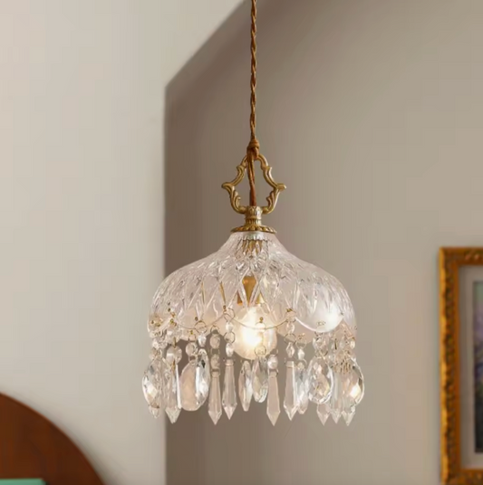 Franse Retro Glazen Hanglamp – Luxe Kroonluchter van Koper & Kristal, E14 LED