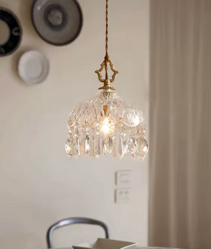 Franse Retro Glazen Hanglamp – Luxe Kroonluchter van Koper & Kristal, E14 LED