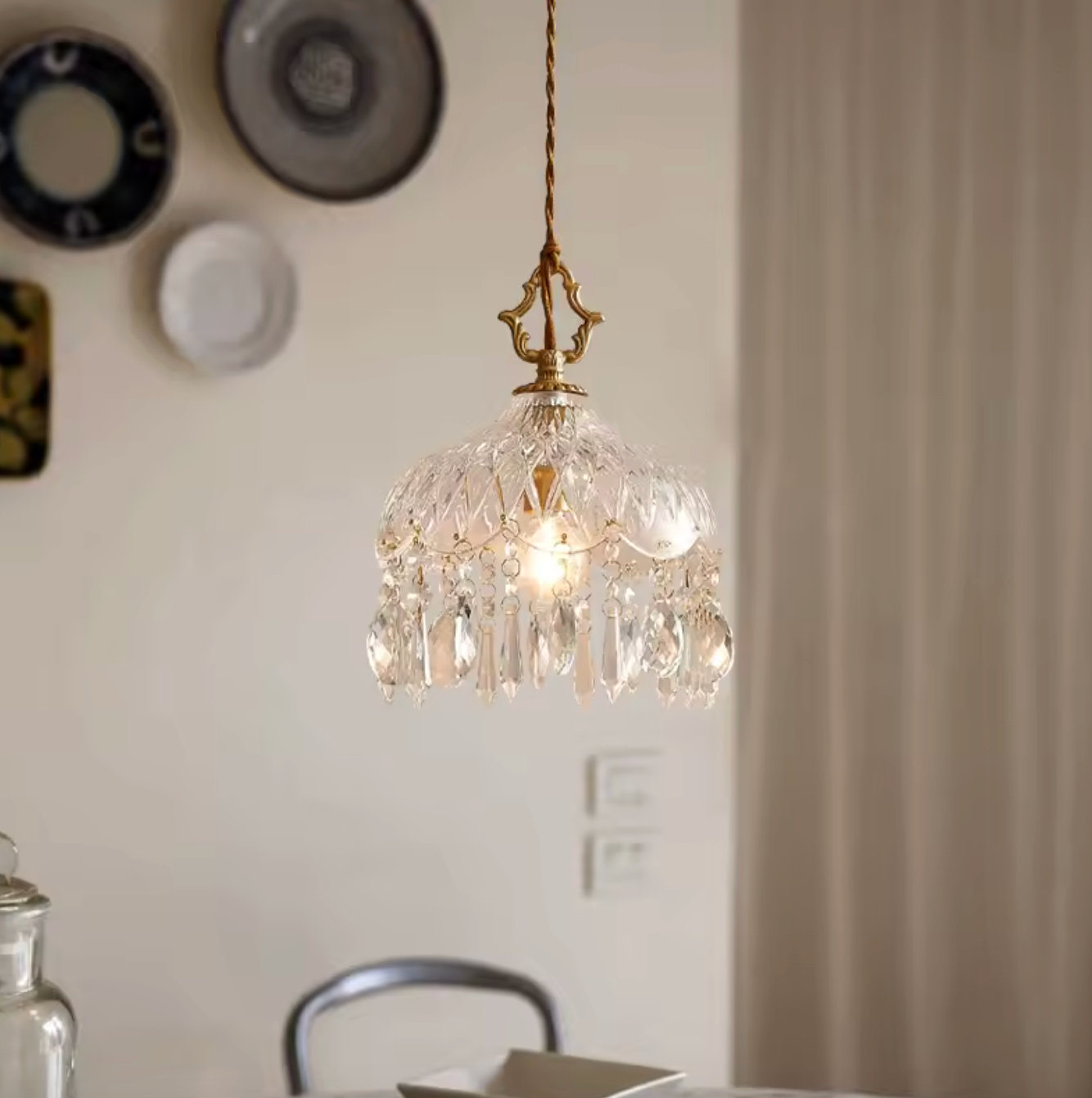 Franse Retro Glazen Hanglamp – Luxe Kroonluchter van Koper & Kristal, E14 LED