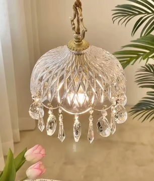 Franse Retro Glazen Hanglamp – Luxe Kroonluchter van Koper & Kristal, E14 LED